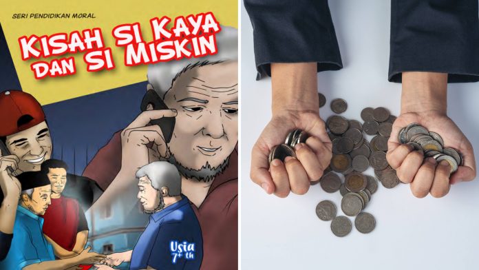 Halaman depan komik literasi Kipin 'Kisah Si Kaya dan Si Miskin' dengan ilustrasi tangan seseorang menggenggam uang koin (Hand image by jcomp on freepik)