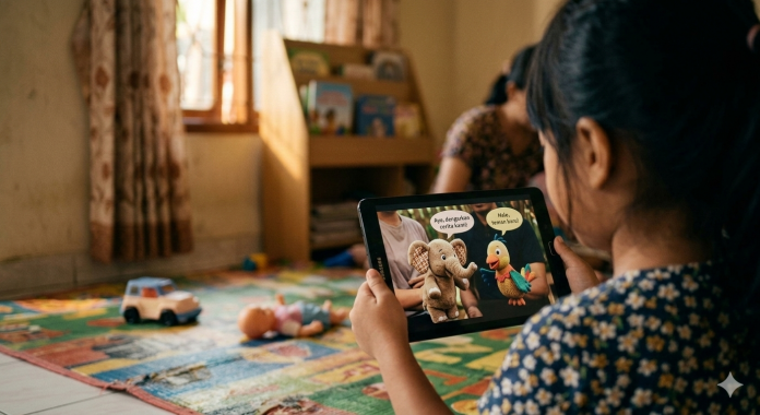 Ilustrasi anak menonton video cerita boneka karakter di tablet (Source: AI (Gemini AI Generated))