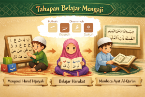 Ilustrasi tahapan belajar mengaji (Source: AI (GPT Generated) & Adjustment by Canva)