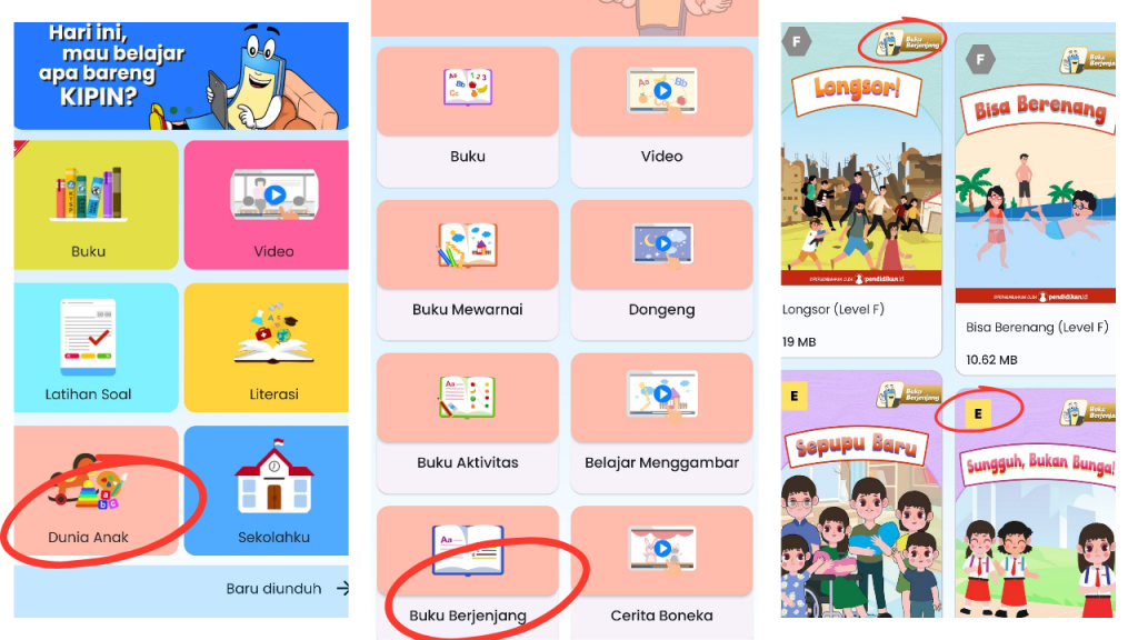 Tampilan menu aplikasi Kipin School 4.0 dan konten Buku Berjenjang
