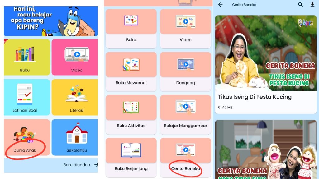 Tampilan aplikasi Kipin School 4.0 dan konten video cerita boneka