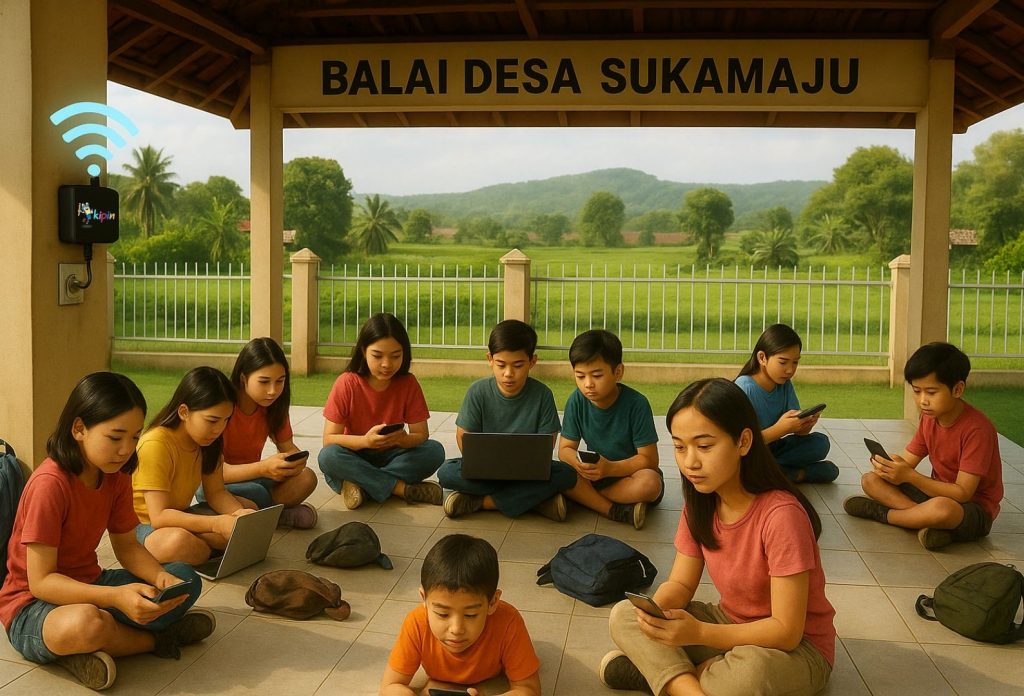 Ilustrasi Masyarakat Menggunakan Fasilitas Kipin Perpus Desa di Balai Desa (generated by ChatGPT AI)