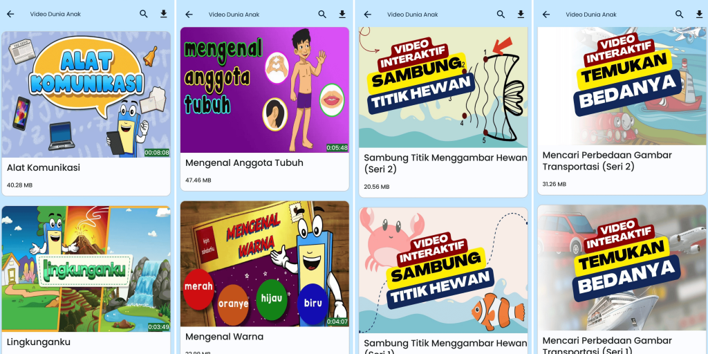 Tampilan beberapa konten Video Dunia Anak Kipin