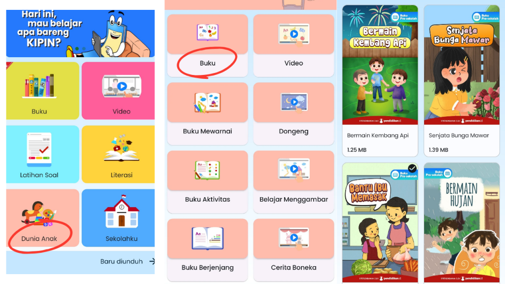 Akses pengguna untuk menemukan konten buku prasekolah di dalam Dunia Anak di Kipin School 4.0