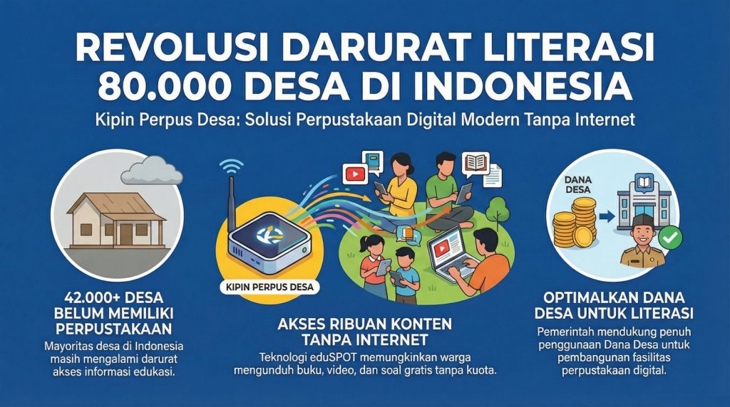 Infografis Mengenai Revolusi Darurat Literasi 80.000 Desa di Indonesia Melalui Perpustakaan Digital Modern Tanpa Internet