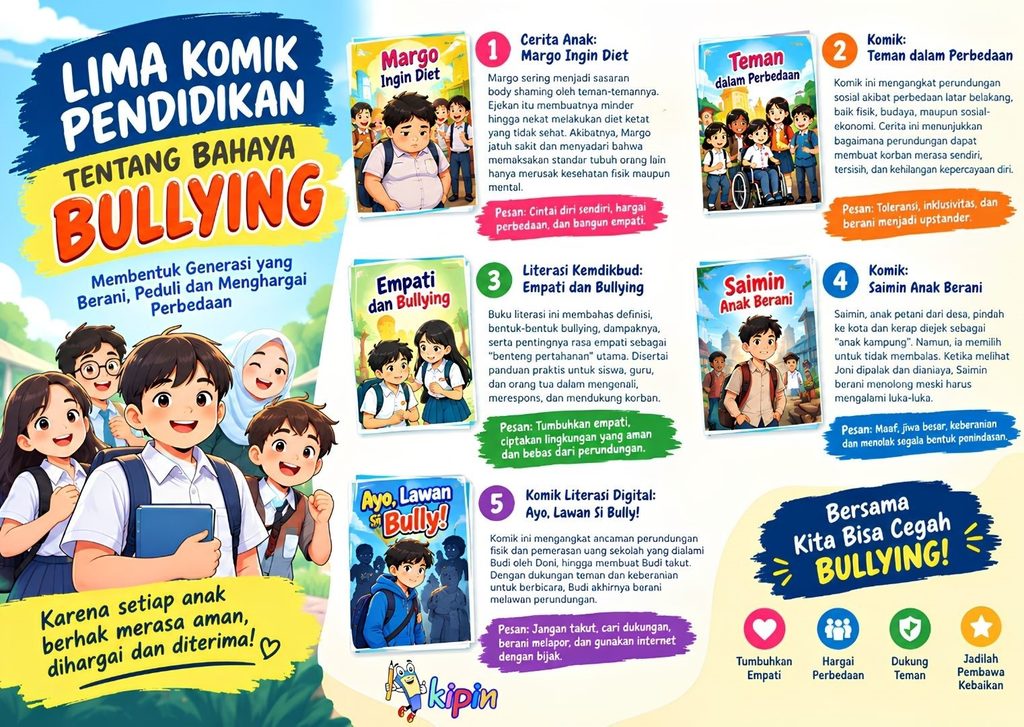 Infografis Komik Pendidikan Tentang Bahaya Bullying dengan Kipin